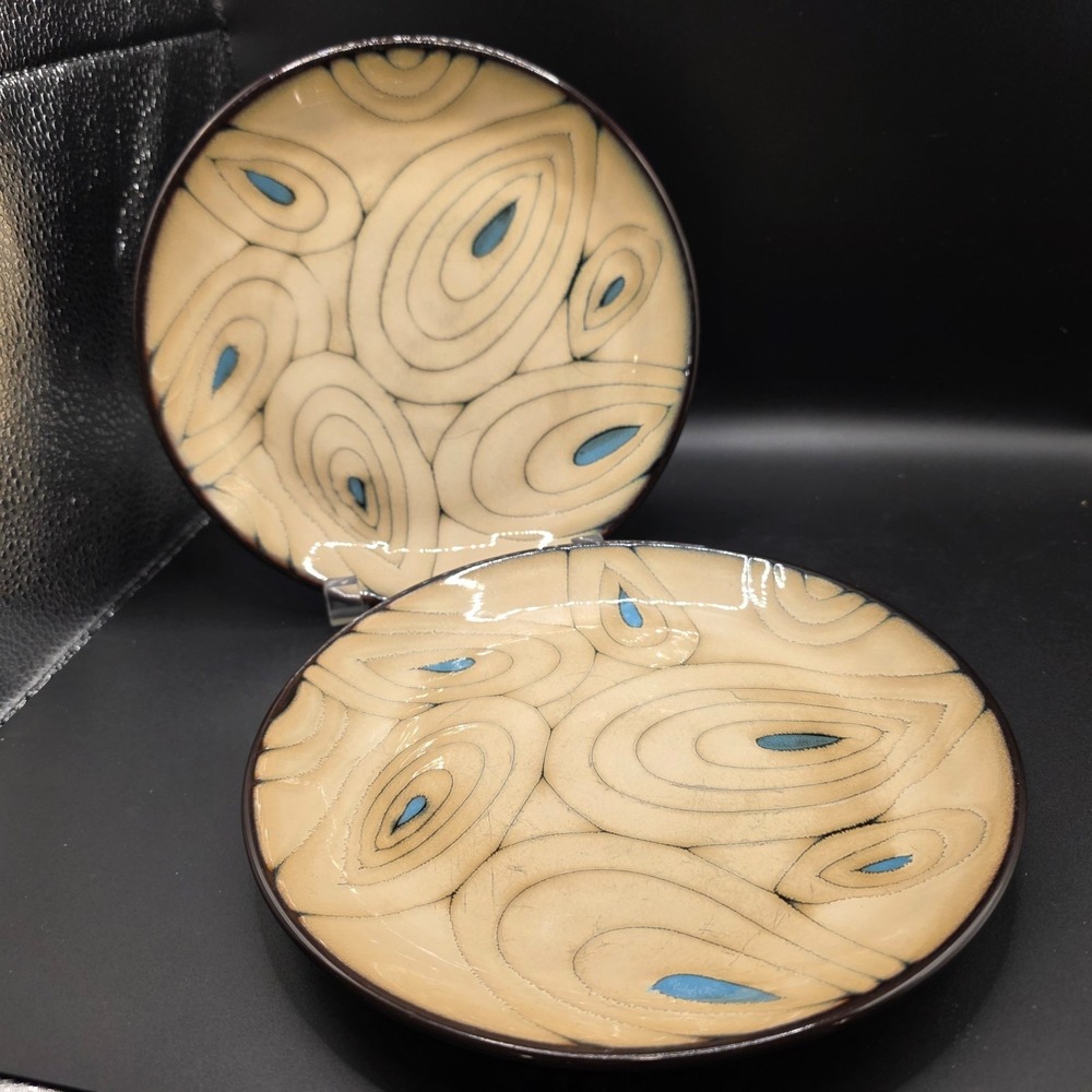 Pier 1 Teal Reactive Peacock Salad Plates 8.25" Stoneware Set of 2 Dinnerware